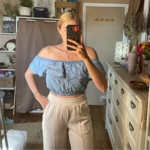 Revamped off the shoulder denim button up blouse crop top